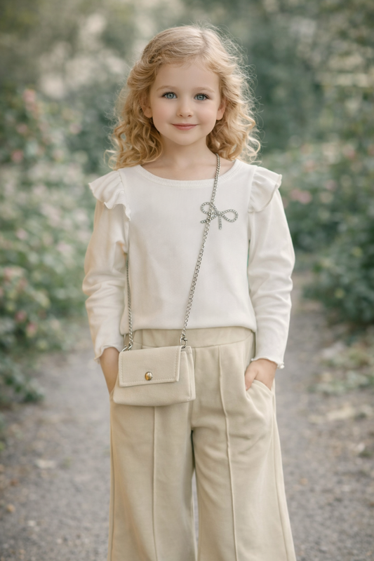 Mädchen 3-Teiler Set mit Tasche – Ripp-Shirt, Schlaghose & Umhängetasche (2 Farben)