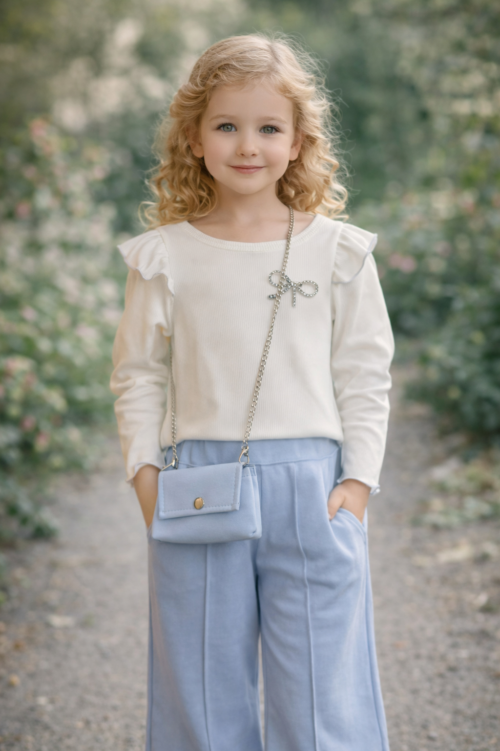 Mädchen 3-Teiler Set mit Tasche – Ripp-Shirt, Schlaghose & Umhängetasche (2 Farben)