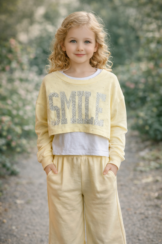 Mädchen 3-Teiler „SMILE“ Set – Sweatshirt, Shirt & Hose