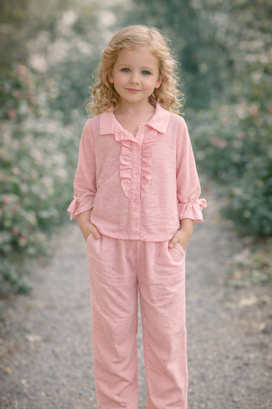 Mädchen 2-Teiler in Rosa – Rüschenbluse & lange Hose mit Glitzer-Details