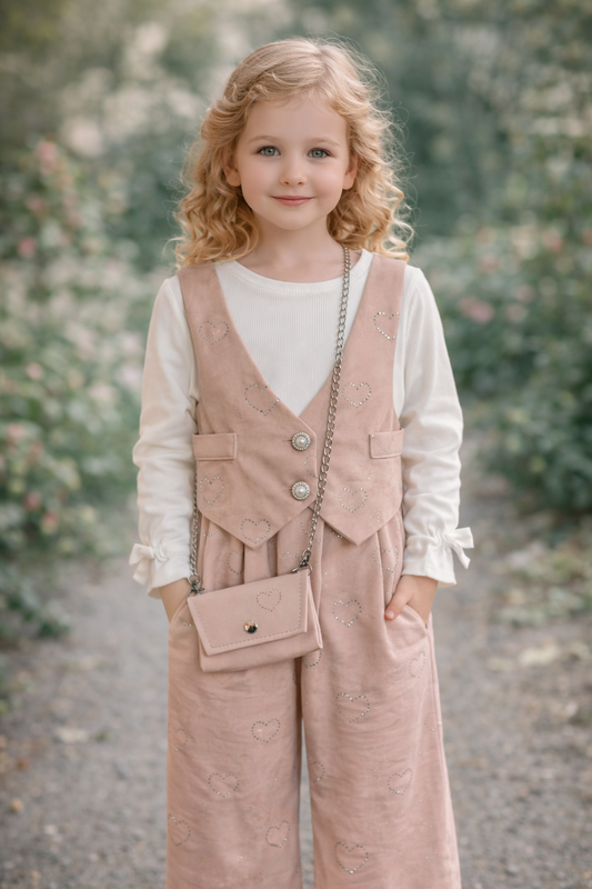 Mädchen 3-Teiler mit Herz-Details – Langarmshirt, Weste & weite Hose inkl. Tasche
