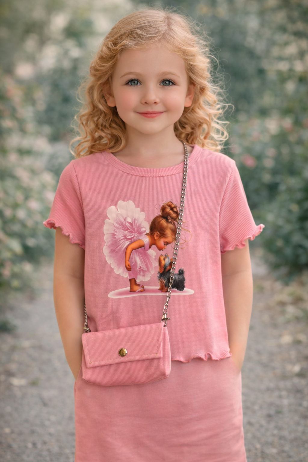 Mädchen Oberteil mit Print & Tasche – 2 Farben erhältlich