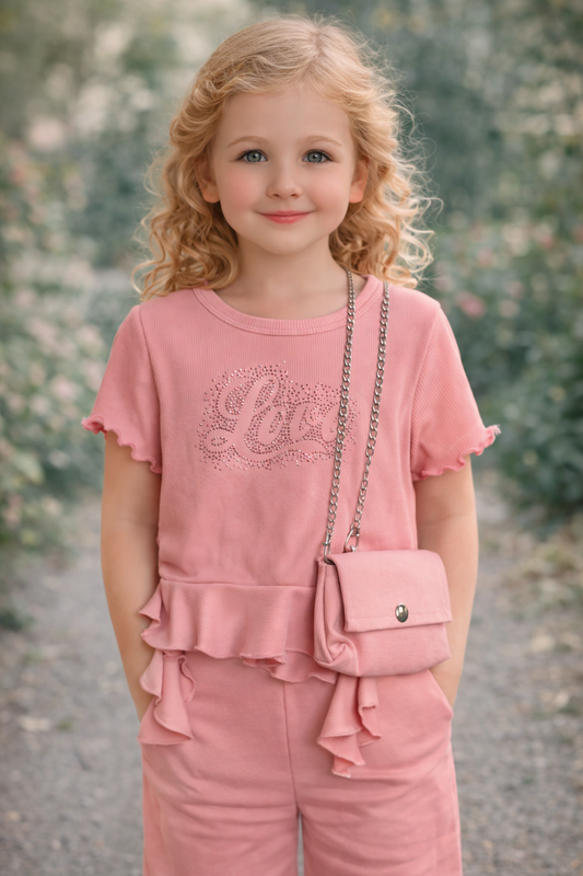Mädchen 3-Teiler „Love“ – Oberteil, Schlaghose & Tasche