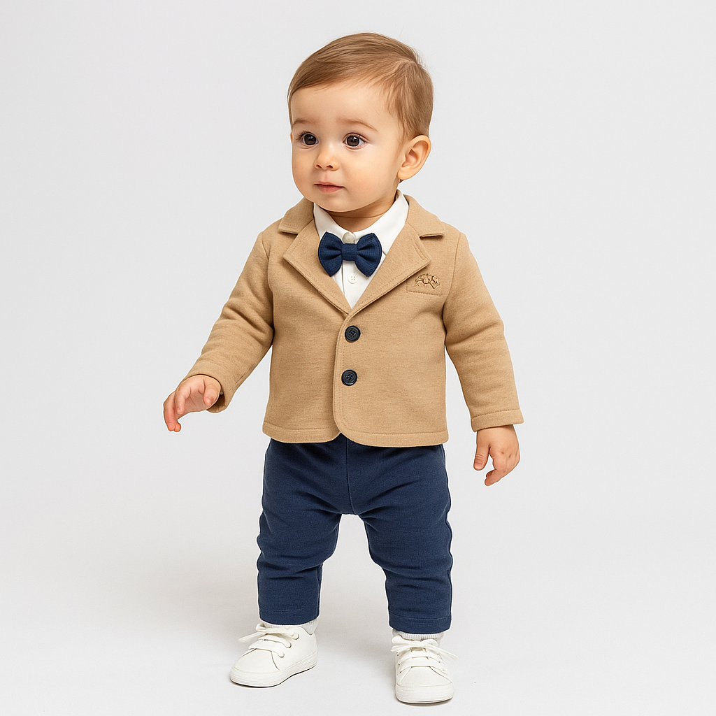 Baby Outfit 3-teilig – Beige Sakko mit Schleife & Dunkelblauer Hose