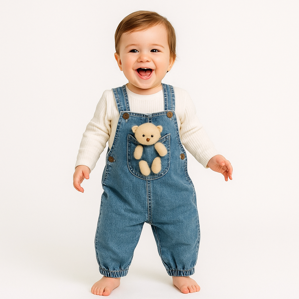 Baby Outfit 2-teilig – Jeans Latzhose mit Kuschelteddy & weißem Shirt