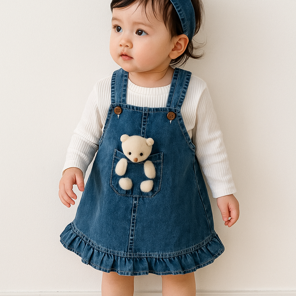 Baby Outfit 2-teilig – Jeanskleid mit Kuschelteddy & weißem Shirt