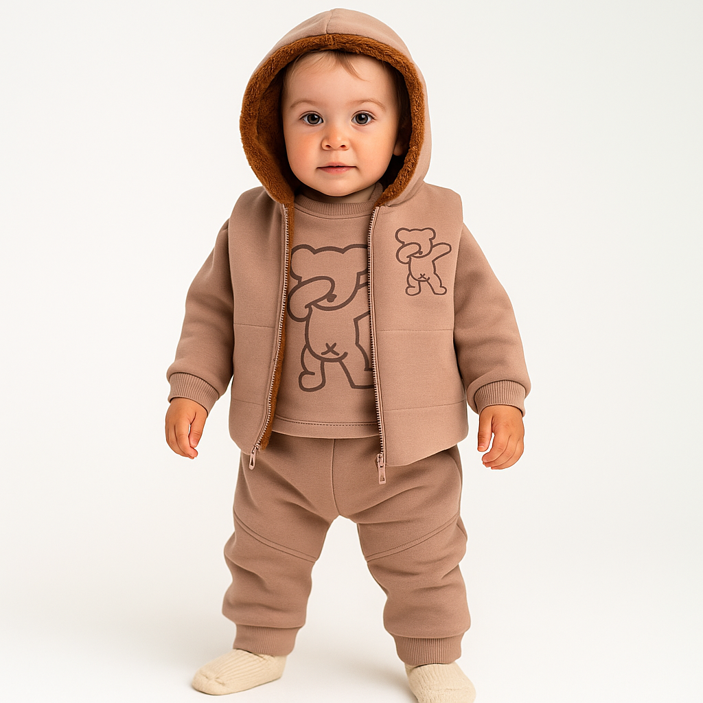 Baby Outfit 3-teilig – Sweat-Set mit Weste & „Dabbing Bear“-Motiv in Braun