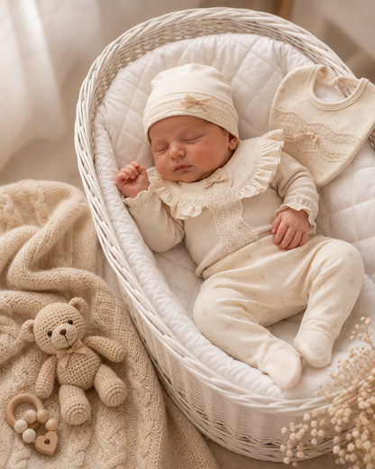 Baby Erstlingsset Rüschen Beige oder Rosa