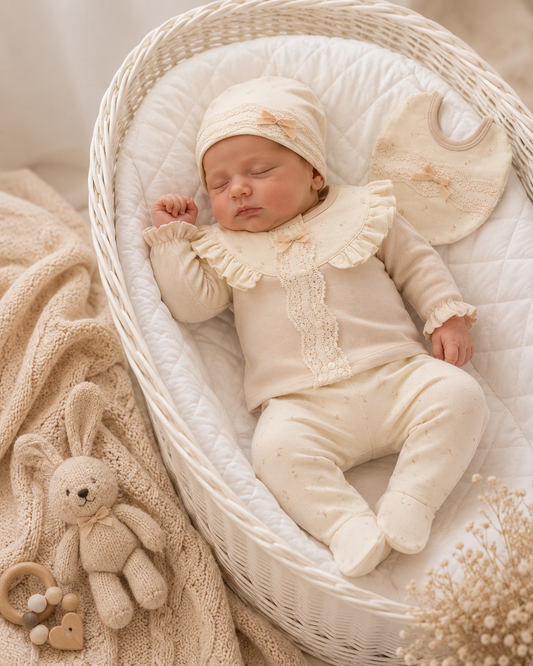 Baby Erstlingsset Rüschen Beige oder Rosa