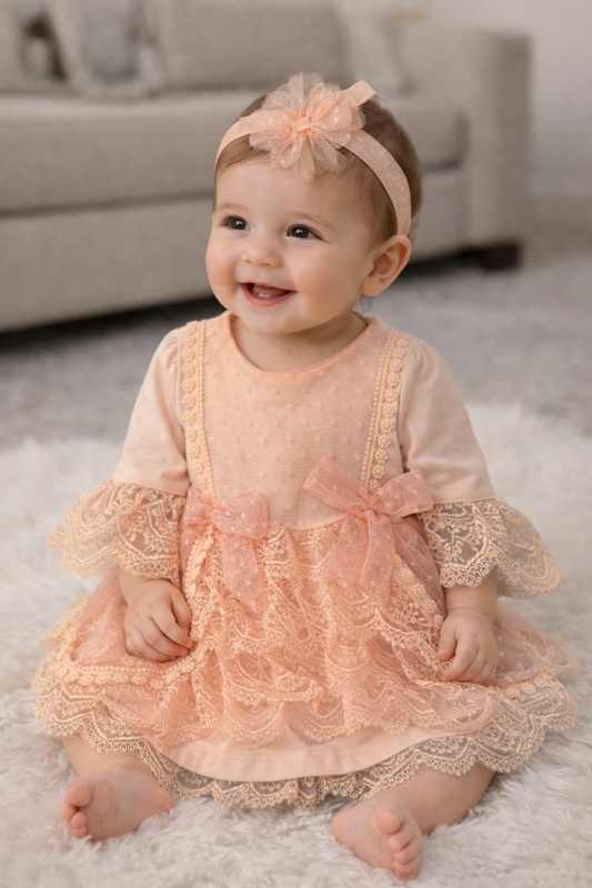 Baby Mädchen Kleid mit Haarband Rosa aus Baumwolle