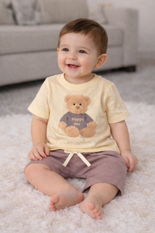 Baby Jungen 2-Teiler Set mit Teddy Print – Braun & Hellblau