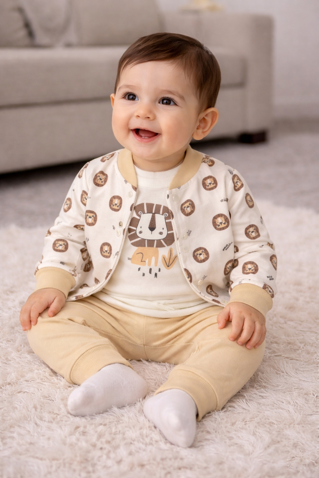 Baby Jungen 3-Teiler Outfit Set mit Body, Jacke & Hose Baumwolle Löwenmotiv