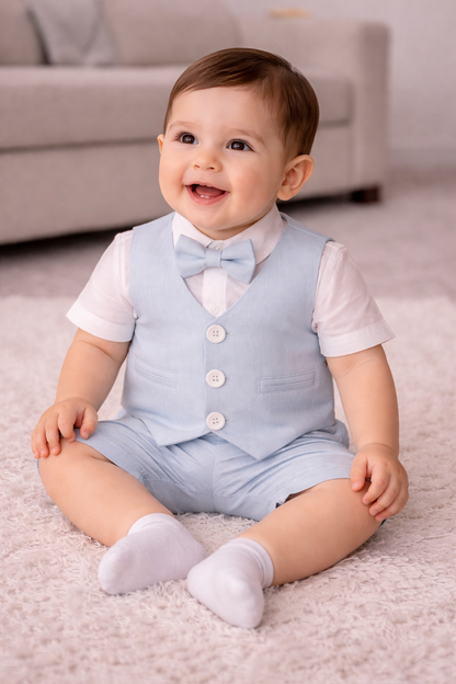 Baby Jungen 4-Teiler Anzug Set mit Weste & Fliege – Creme & Hellblau