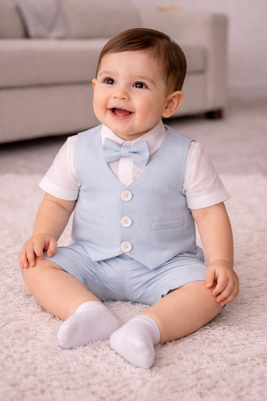 Baby Jungen 4-Teiler Anzug Set mit Weste & Fliege – Creme & Hellblau