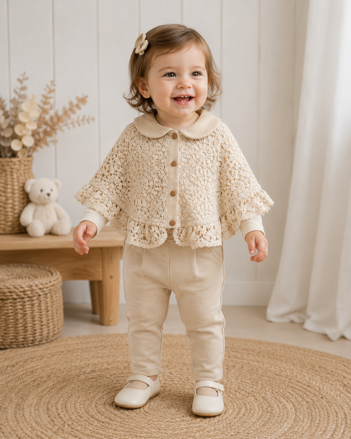 Baby Mädchenset Spitzenponcho Beige