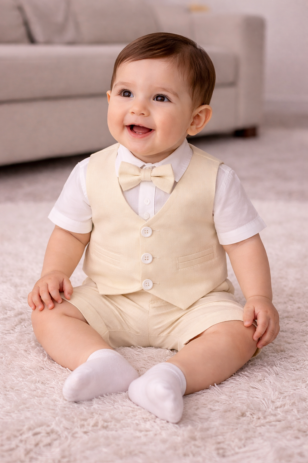 Baby Jungen 4-Teiler Anzug Set mit Weste & Fliege – Creme & Hellblau