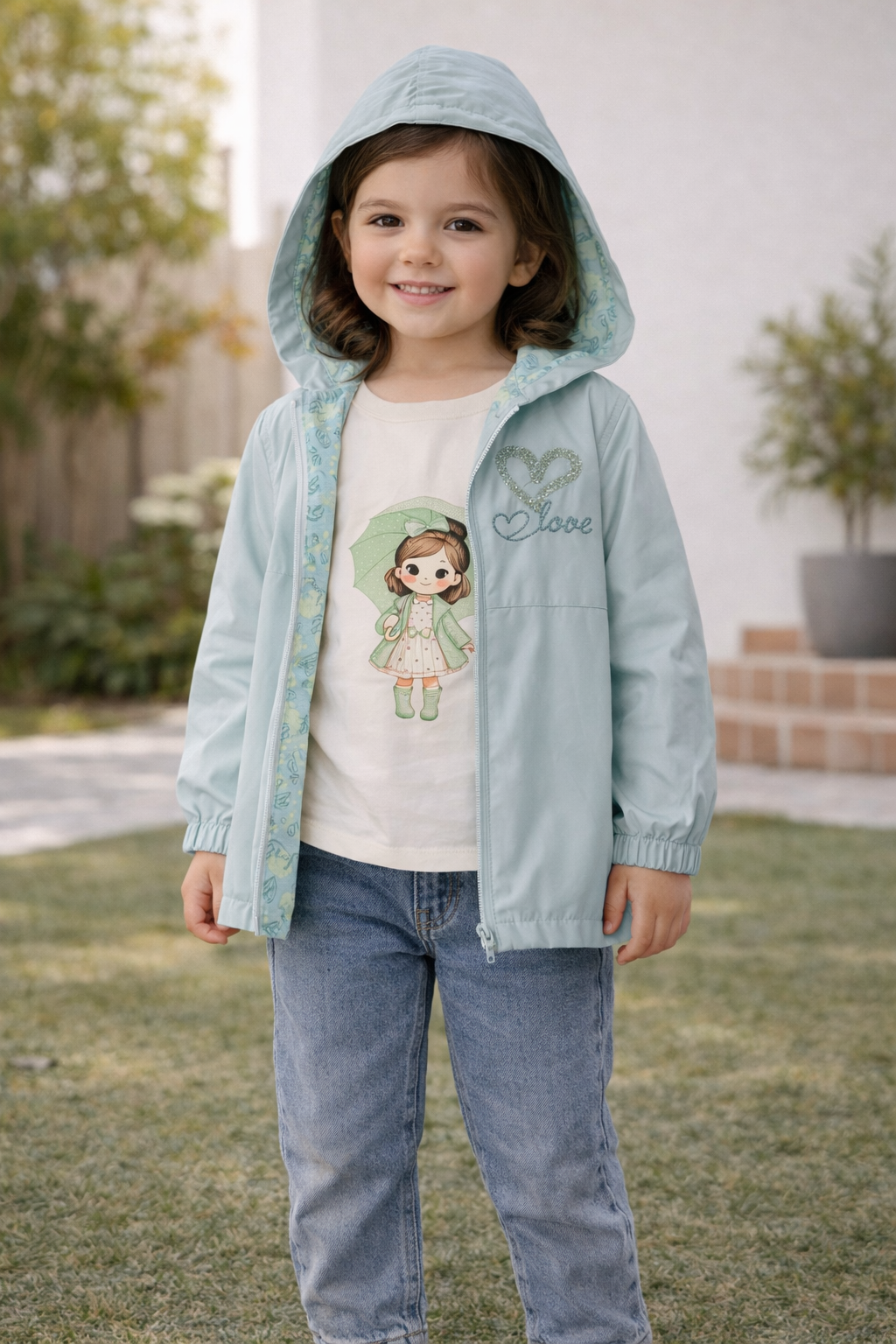 Mädchen 3-Teiler Outfit mit Jeans, Print Shirt & Kapuzenjacke