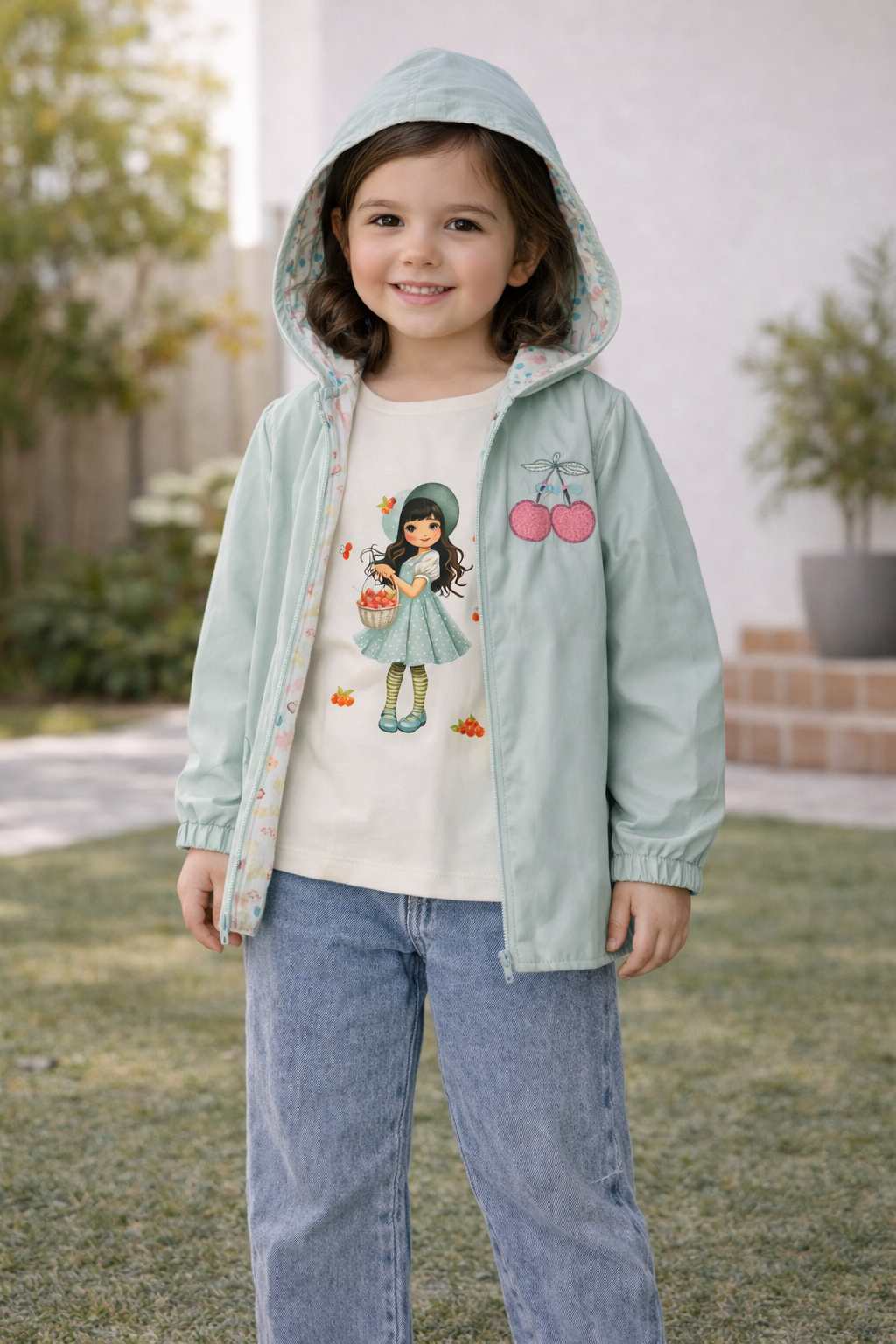 Mädchen 3-Teiler Outfit mit Jeans, Print Shirt & Kapuzenjacke (Kirsch-Design)