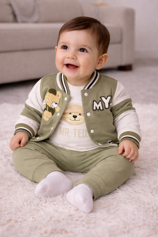 Baby Jungen 3-Teiler Outfit Set mit Body, Jacke & Hose Baumwolle