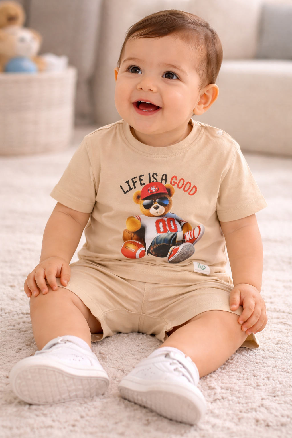 Baby Jungen 2-Teiler Set mit Bären Print – Beige & Hellblau