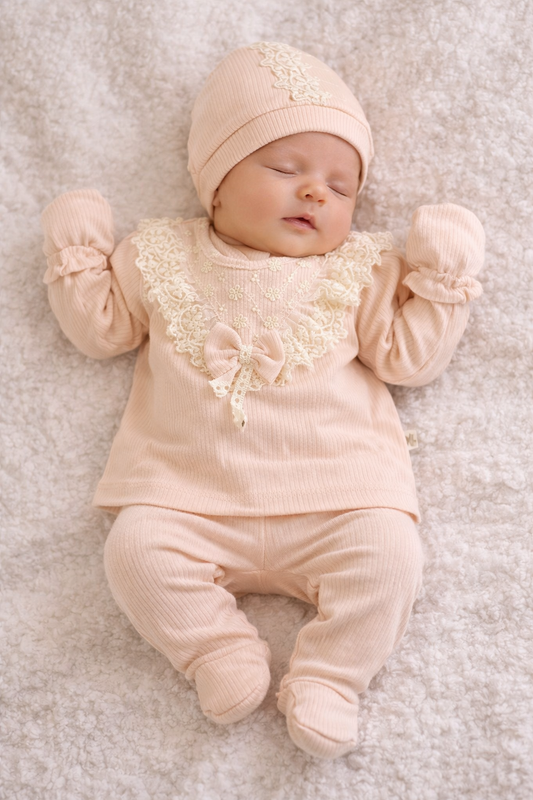 Baby Mädchen 5-Teiler Erstlingsset mit Spitze & Schleife