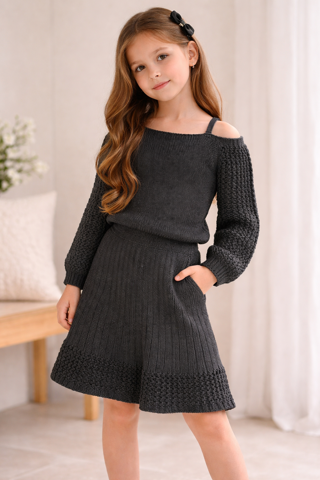 Mädchen 2-Teiler Strickset mit Rock & Oberteil – Schwarz & Creme