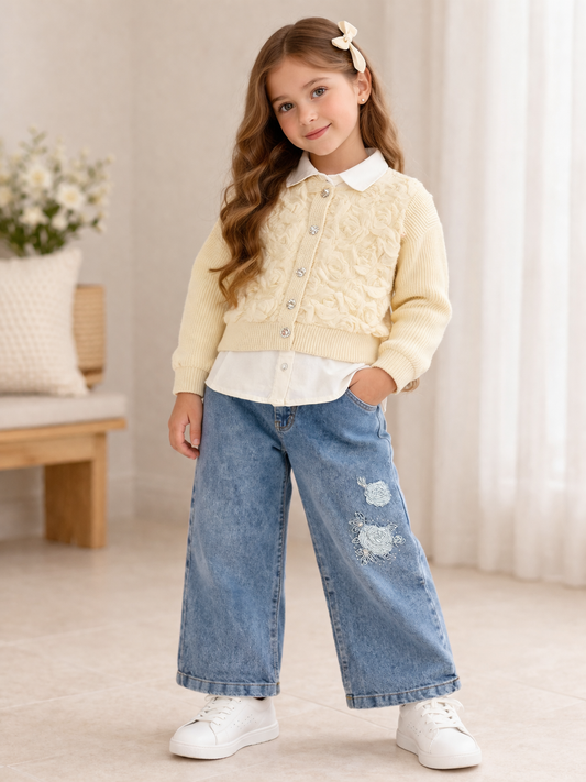 Mädchen 3-Teiler Outfit mit Jeans, Hemd & Strickweste