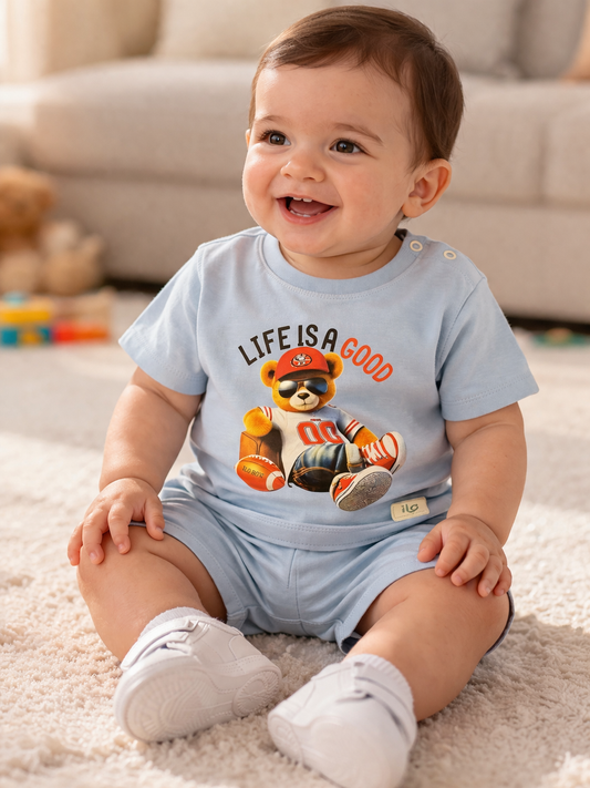 Baby Jungen 2-Teiler Set mit Bären Print – Beige & Hellblau