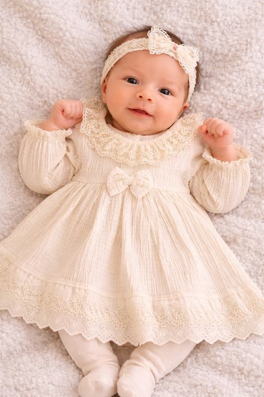 Baby Mädchen Kleid mit Spitze & Schleife aus Baumwolle