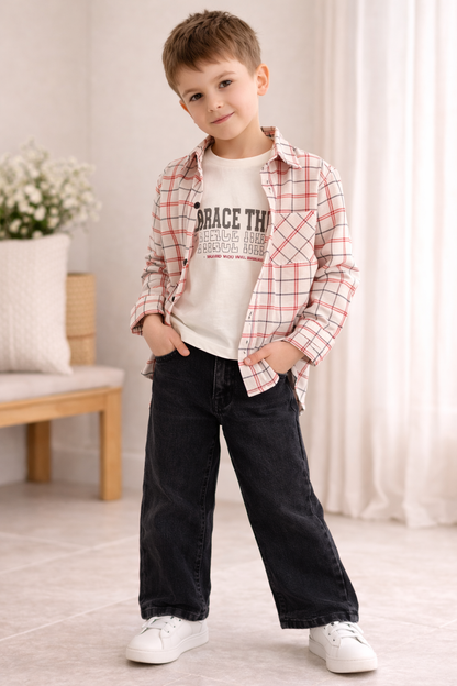 Jungen 3-teiliges Outfit Set mit Hemd, T-Shirt & Jeans – 2 Farben