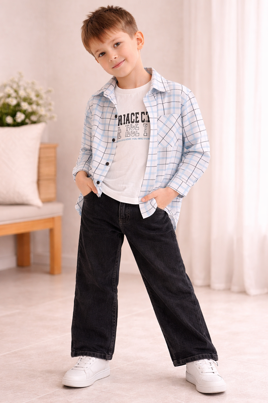 Jungen 3-teiliges Outfit Set mit Hemd, T-Shirt & Jeans – 2 Farben