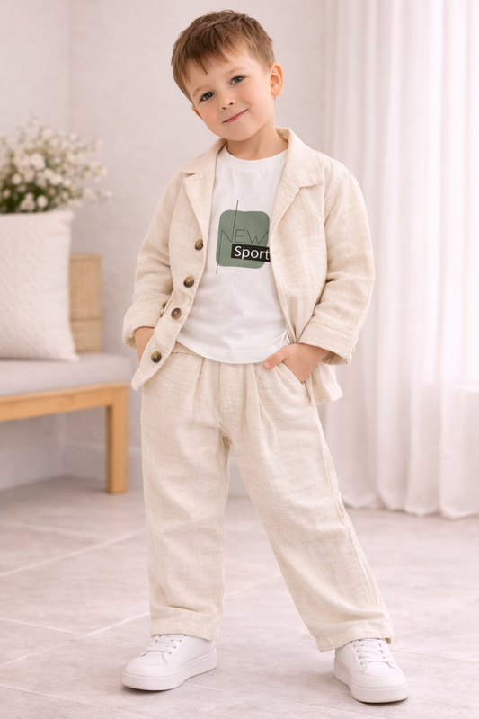Jungen 3-teiliges Outfit Set mit Hemd, T-Shirt & Hose – Leinen Look