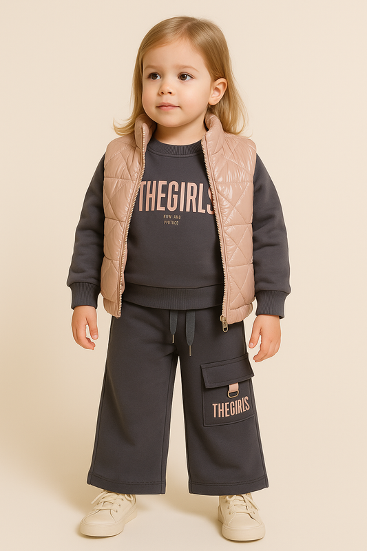 3-teiliges Mädchen Outfit mit Weste, Sweatshirt & Cargo-Hose – Trendy Street Style