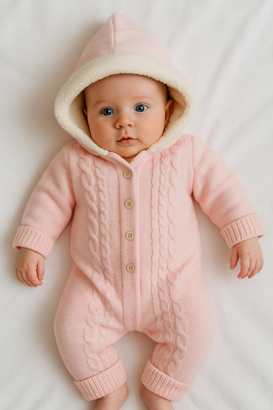 Baby Strick-Overall mit Kapuze – Rosa, gefüttert & kuschelig