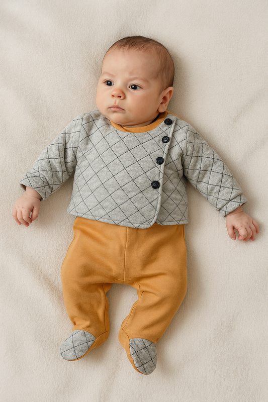 Baby Overall „Karo & Mustard“ – Einteiler mit Füßchen