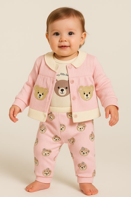 3-teiliges Baby Outfit in Rosa – Strickjacke, Body & Hose mit Teddy-Motiven