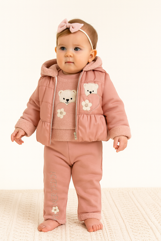3-teiliges Baby Outfit in Rosa – Jacke, Pullover & Hose mit Teddy-Motiv