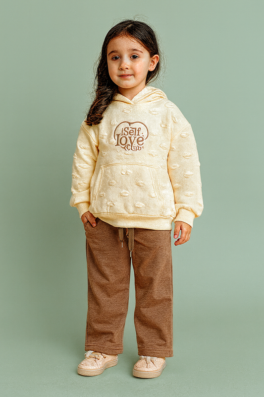 2-teiliges Mädchen Outfit – Hoodie „Self Love Club“ & Hose in Beige/Braun