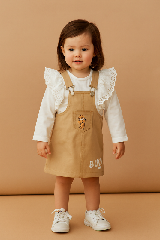 2-teiliges Mädchen Outfit – Latzkleid in Beige mit Langarmshirt & Rüschen