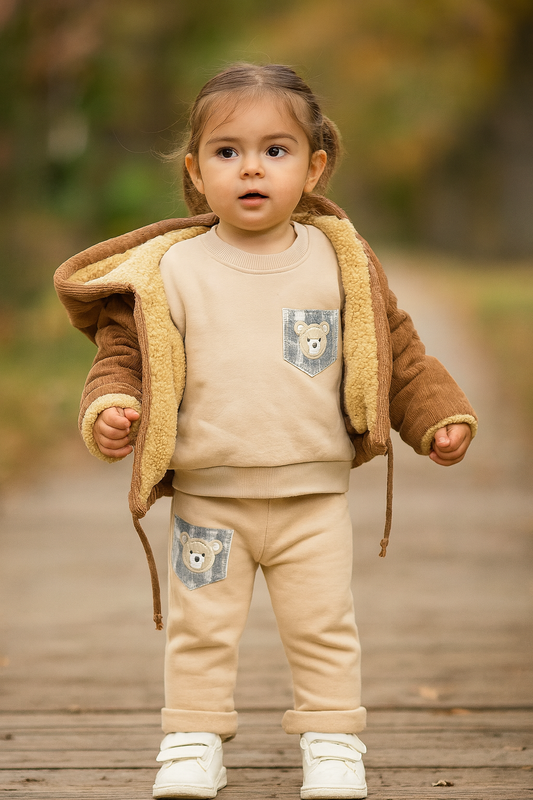 Baby Outfit 3-teilig – Jacke, Sweatshirt & Hose mit Teddy-Applikation (Beige/Braun)