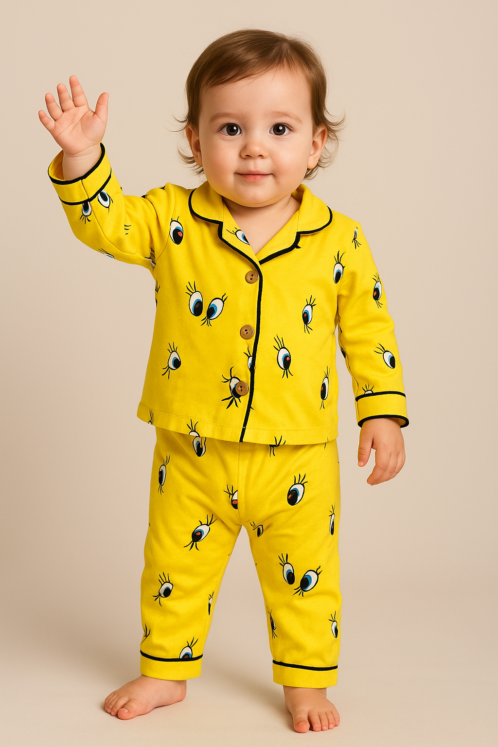 Baby Pyjama in Gelb mit Cartoon-Augen Print – 2-teilig - Unisex