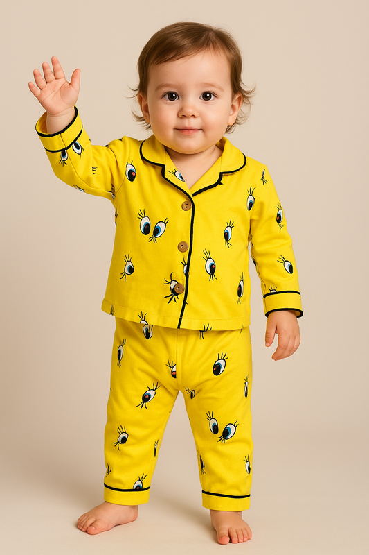 Baby Pyjama in Gelb mit Cartoon-Augen Print – 2-teilig - Unisex