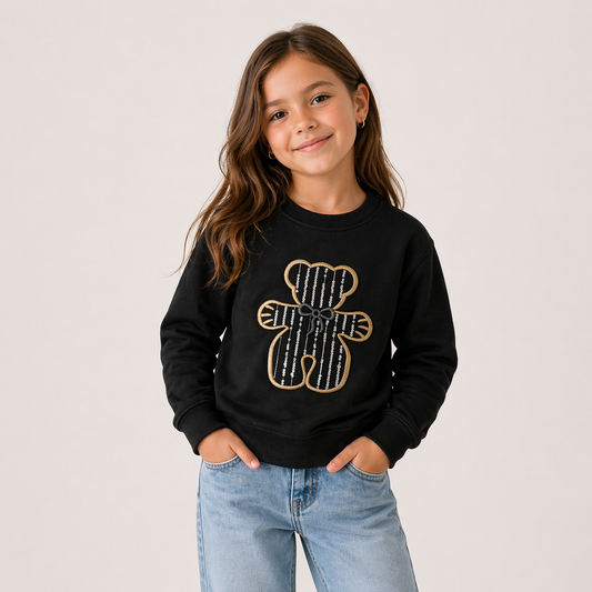 Mädchen Pullover schwarz mit süßem Teddybär-Motiv