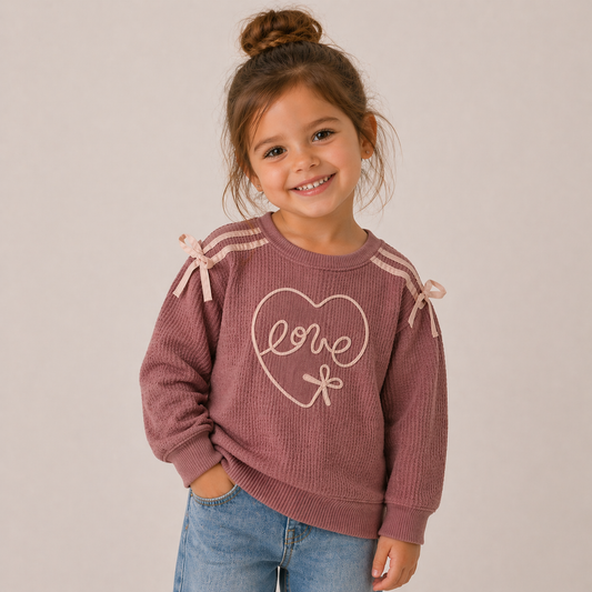 Mädchen Oberteil in Bordeaux-Lila mit „Love“-Print & Schleifendetails – kuschelig & stylisch