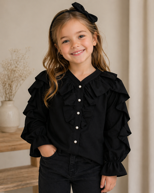 Elegante schwarze Mädchenbluse – Rüschen & Perlenknöpfe