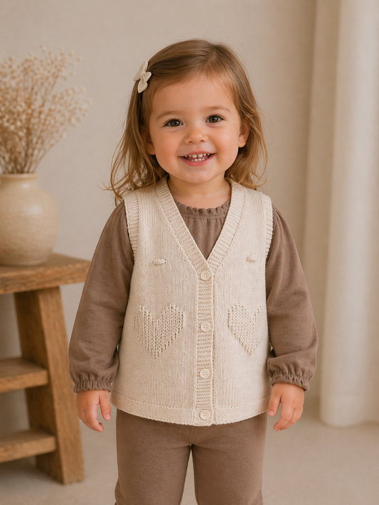Strickweste für Mädchen – süßes Herzmuster & Knöpfe | Beige