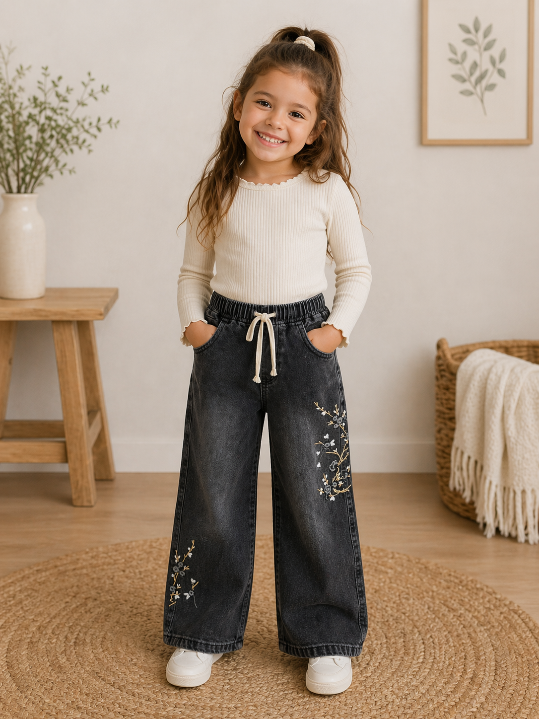 Jeans für Mädchen in Blau oder Schwarz – mit floraler Stickerei 🌸👖