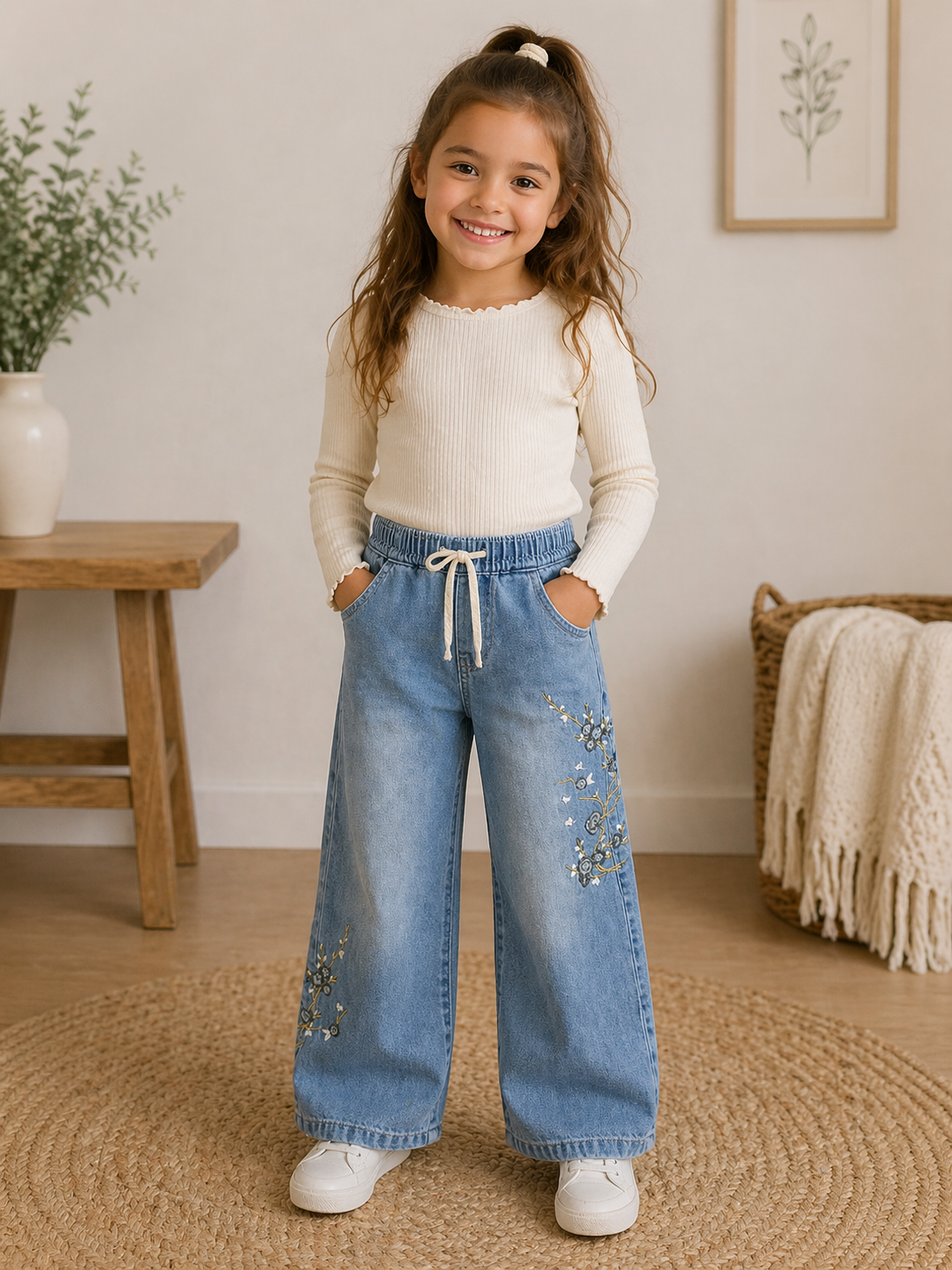 Jeans für Mädchen in Blau oder Schwarz – mit floraler Stickerei 🌸👖