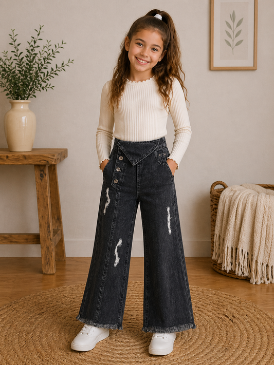 Schwarze Mädchenjeans – weiter Schnitt & stylischer Used-Look 🖤
