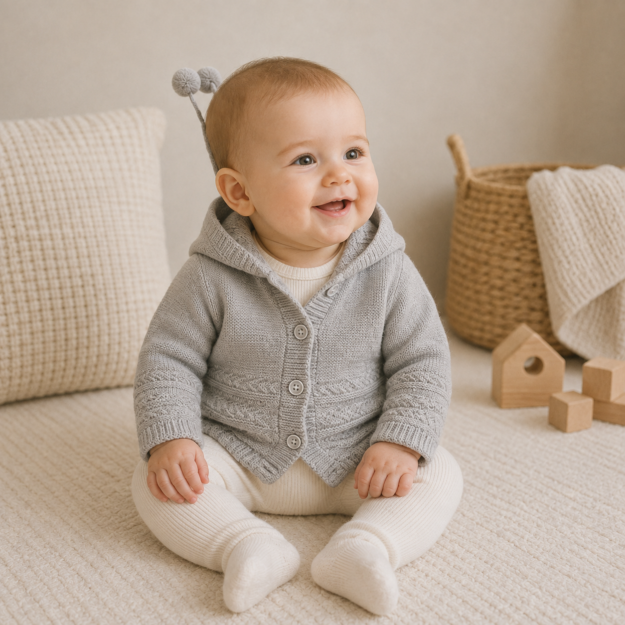 Baby Strickjacke Kapuze Bommel